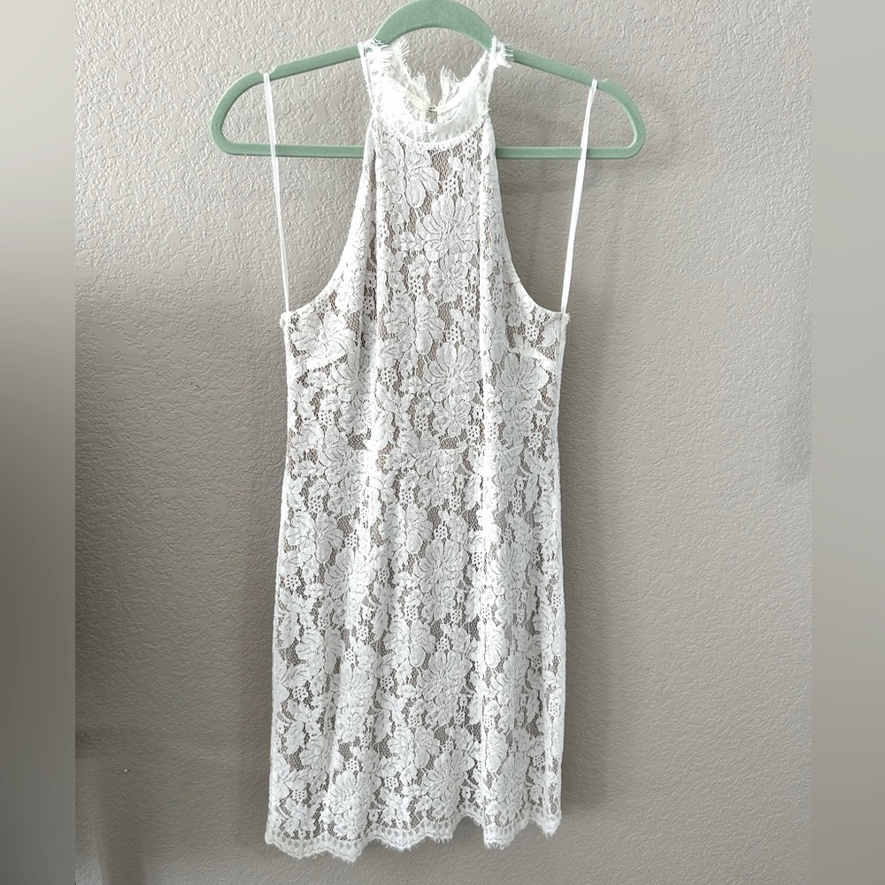 White lace high collar dress